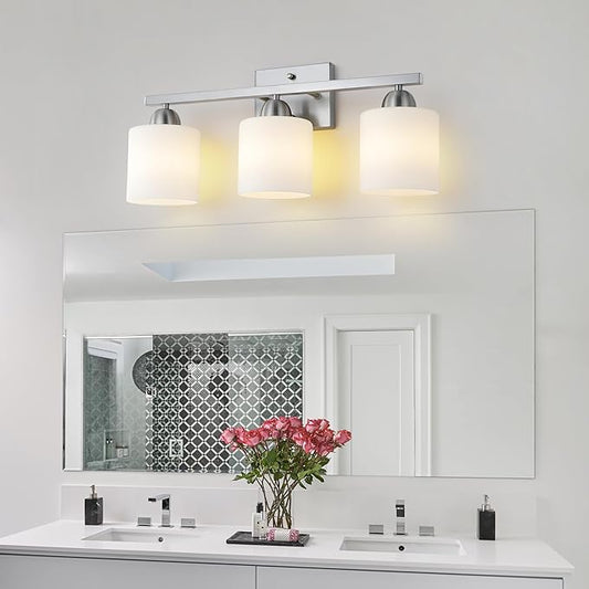 Mecgirn Stainless Steel Milk Glass Vanity Lights for Bathroom, 3 Light Brushed Nickel Bathroom Light Fixtures Over Mirror, Ceramic E26 Sockets Wall Mounted