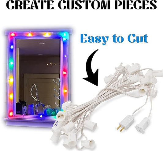 HLO Lighting C7 Light Strings | 25' White Cord with 12" Socket Spacing, E12 C7 Christmas Light Stringer