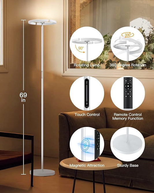 SIBRILLE White Floor Lamp, Modern Stepless Dimmable Standing Lamp 3000-6000K, 20W LED Rotatable Reading Tall Lamp, Touch & Remote Control Uplighter Floor Lamps for Living Room Bedroom Office