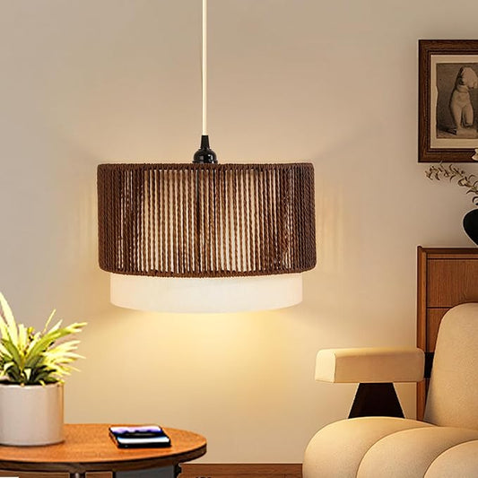 Plug in Pendant Light, Hanging Lamp with Woven Shade, Ceiling Light Fixture with On/Off Switch and 15FT Cord, Farmhouse Hanging Lighting for Living Room, Bedroom, Dining Room