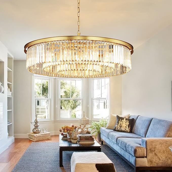 Crystal Chandelier Modern Luxury Pendant Gold Copper Ceiling Lights Fixture for Dining Living Room 12-Lights 3-Tier Raindrop Chandeliers Lighting (Copper, Dia 31 Inch)