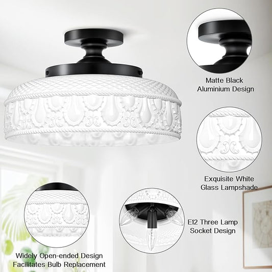 Lamomo Semi Flush Mount Ceiling Light,12 Inch White Glass Shade Black Hallway Light Fixture,3 Light Globe Glass Close to Ceiling Scone,Indoor Hanging Light for Bedroom Kitchen Porch Hallway
