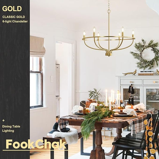 Gold Chandelier, 6 Light Gold Chandelier Light Fixture for Dining Room Chandelier Candle Lighting for Entryway Kitchen Bedroom Living Room 29in Mid Century Chandeliers