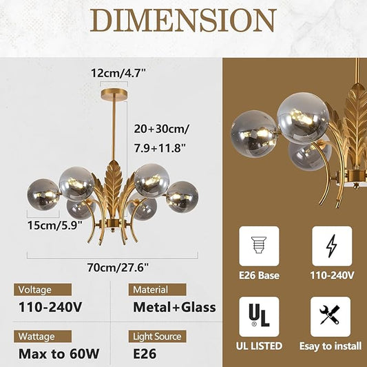 BOKT Gold Sputnik Chandelier Mid Century Smoky Gray Glass Chandelier Light Leaf 6-Light Adjustable Ceiling Hanging Light Fixture Globe LED Pendant Lighting for Kitchen Living Room Hallway Bedroom