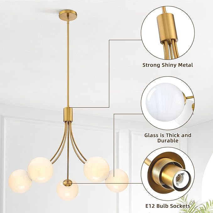 Bubble Chandelier, Modern Sputnik Dining Room 5-Light Chandelier with Gold Finish and Glass Globes for Kitchen Bedroom Foyer and Living Room
