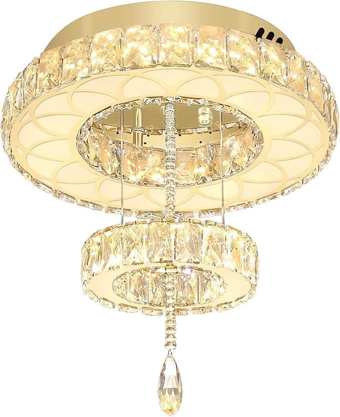 Flashing God Dia 16" Modern Crystal Chandeliers Flush Mount Chandelier Dimmable LED Light Crystal Ceiling Light for Hallway Bedroom Living Room Dining Room Gold