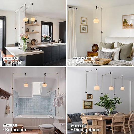 Shenmoyl Plug in Pendant Light Hanging Light Fixture Corded On/Off Switch Brass Pendant Light with White Striped Glass Lampshade for Bedroom Living Room Kitchen Island