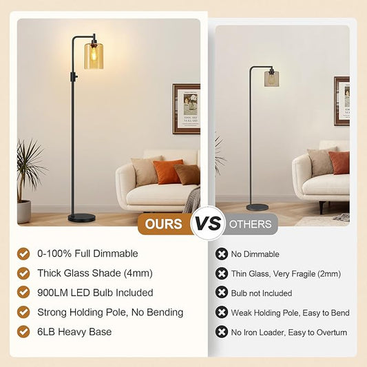 【Upgraded】Dimmable Floor Lamps for Living Room with Amber Glass Shade, Modern Industrial Floor Lamp with 900LM Bulb Included, Glass Standing Tall Lamp for Bedroom, Office, Reading Room, Corner, Black