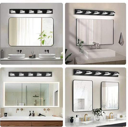 LED Modern Bathroom Vanity Light Fixtures, 5-Light 34-inch Dimmable Matte Black Vanity Lights for Bathroom Lighting Fixtures Over Mirror, with 360° Rotatable Acrylic Heads (Cool White 6000K)