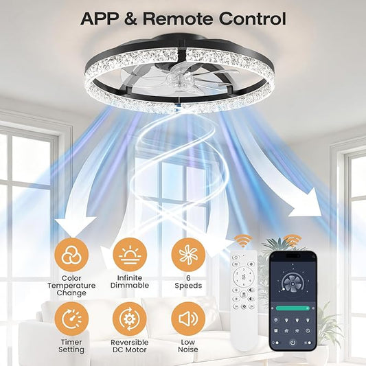StarryEver 20" Low Profile Ceiling Fans with Light, 3000-6500K Dimmable Flush Mount LED Fan Light with Remote and 6 Speeds Fan, Modern Ceiling Fans for Bedroom, Living Room, Kids, Kitchen, Black