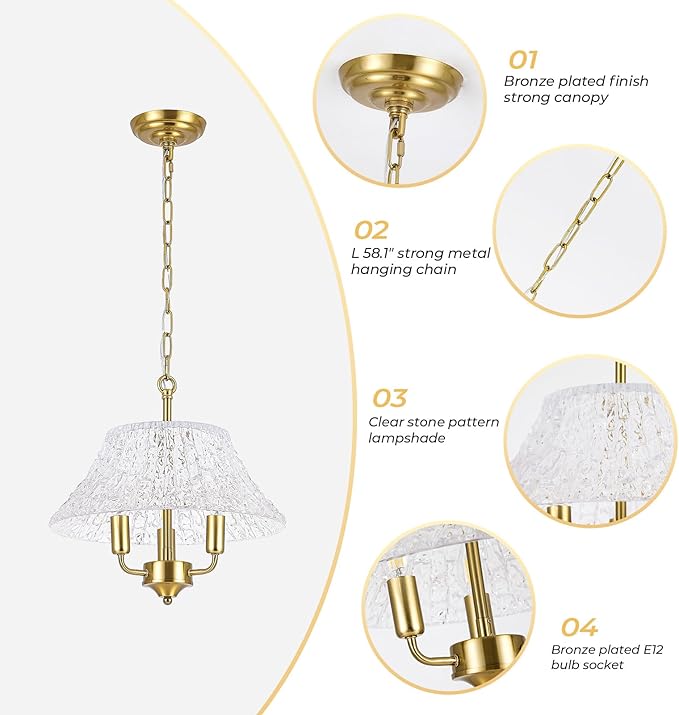 15.08 Inch Modern Large Brass Gold Clear Glass Pendant Light Fixture Bronze Hanging Lamp for Kitchen Island Ceiling Dining Table Foyer Hallway Entry E12 Base UL Socket Hardwired Lampara