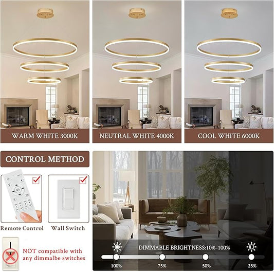 3-Rings Modern LED Chandelier Gold, Dimmable Pendant Lighting with Remote Control Circular Flush Mount High Ceiling Light for Living Room Dining Room Foyer, 3000K-6500K D31.5’’
