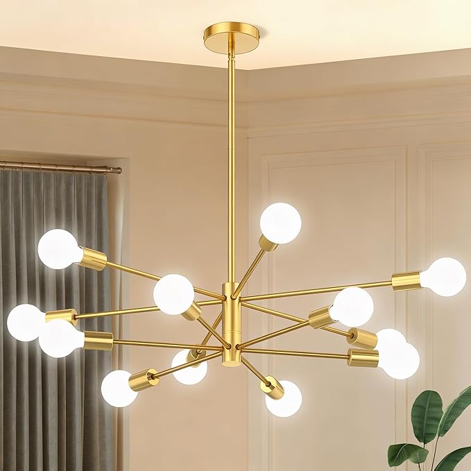 Sputnik Chandelier 12-Light, Mid Century Modern Height Adjustable Ceiling Light Fixture for Dining Room, Kitchen Island, Living Room,Bedroom-Gold