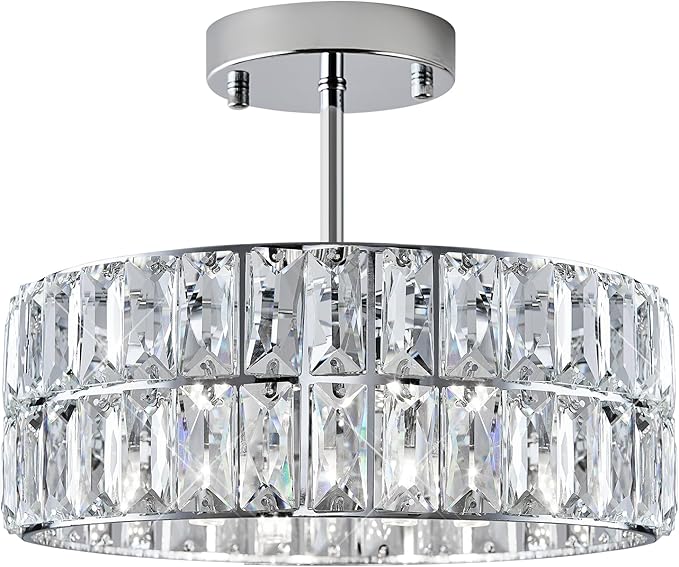 CATINER Chrome Crystal Chandeliers, Modern Semi Flush Mount Ceiling Light, Small 4-Ligh Round Crystal Hanging Pendant Light Fixtures,D12” for Dining Room Entryway Kitchen Hallway