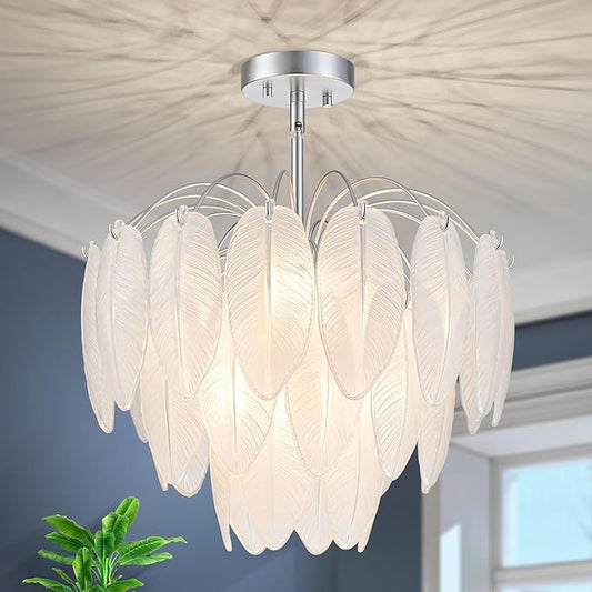 LumFurn 6-Light Glass Chandeliers, Modern 3-Tier Pendant Light Fixture for Dining Room, Living Room, D17.7 x H19~51 Inch Adjustable Height, Frosted Feather-Shaped Glass Shade & Chrome Finish Frame