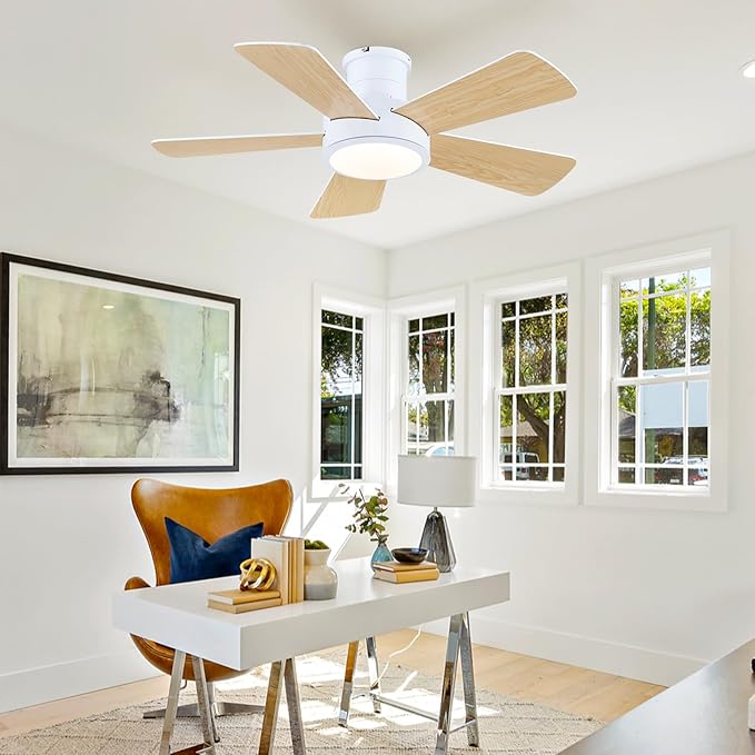 Hounberi 40" RGB Ceiling Fan with Light and Remote, White Low Profile Flush Mount Smart Fan with App Control, Quiet Reversible DC Motor, Modern Dimmable 5-Blade for Bedroom Living Room