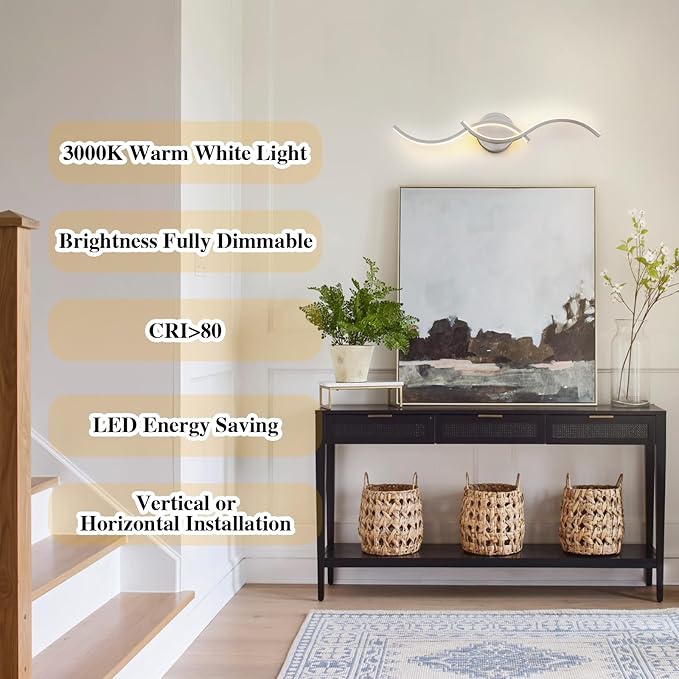 EDISLIVE Modern Wave LED Vanity Light Dimmable Modern LED Vanity Light Fixtures 15W Linear Wall Sconce with Acrylic Strip Shade 3000K, 24 in for Bathroom Bedroom Makeup,Nickel