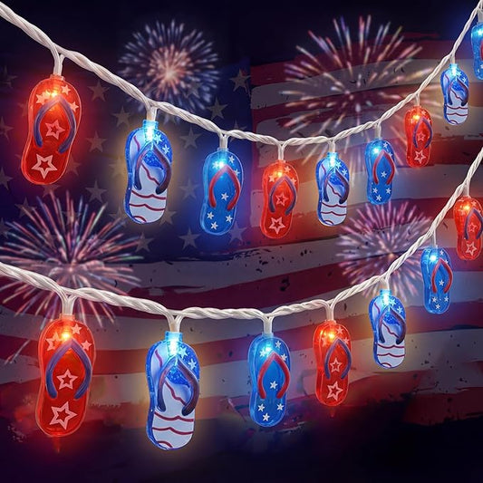 8.5Ft LED Tropical Beach Flip Flop String Lights, 4th of July Slipper String Lights Plug in with 10 Bulbs, Independence Day Decoration Lights for Patriotic Party Garden Festival National Day, White
