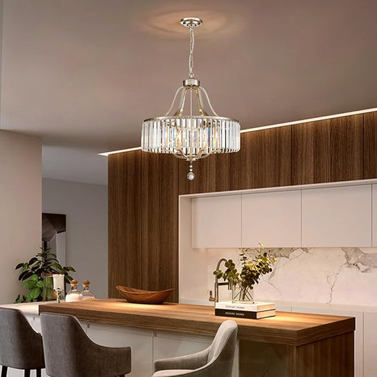 Modern Crystal Chandeliers Round 6-Light Large Brushed Nickel Pendant Lighting Fixture for Dining Room Living Room Kitchen Island Bedroom Hallway 21.7" Adjustable Height Hanging Lamp