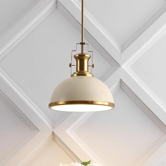 JONATHAN Y JYL9536F 13" Modern Industrial Dome Pendant Light, Farmhouse Hanging Light Fixture in Almond and Brass Gold, Adjustable Height Metal Lighting for Kitchen Island, Dining Room, Entryway