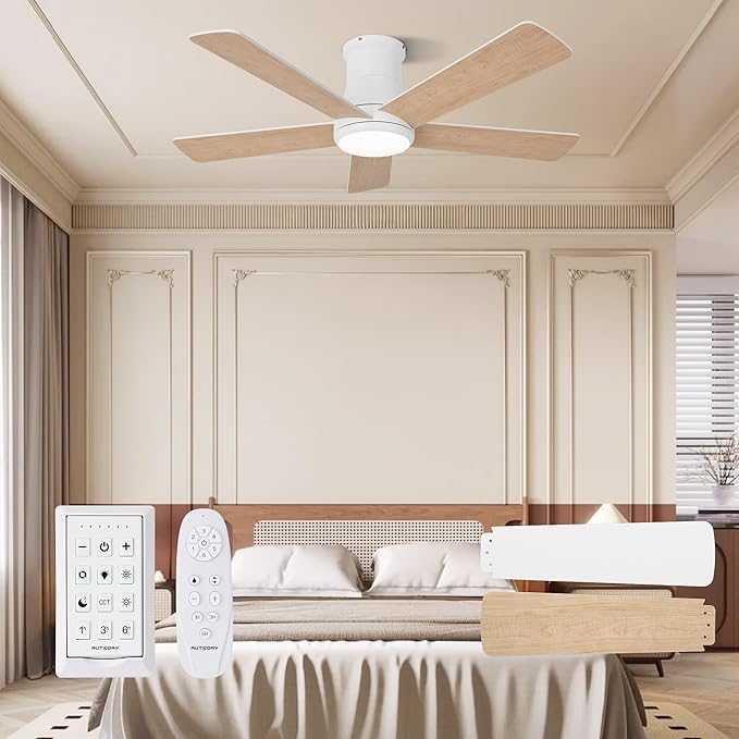 42 Inch Low Profile Ceiling Fan with Light, White Ceiling Fans with Lights and Remote, Flush Mount, 6 Speeds Reversible Quiet DC, 3CCT Dimmable, Indoor Outdoor Ceiling Fans for Patios Bedroom