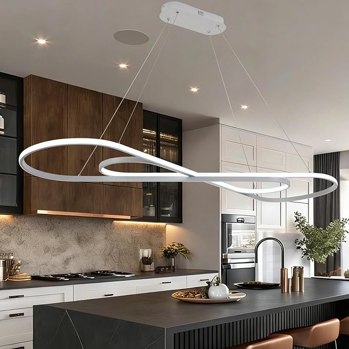 White LED Chandelier Lighting Fixture Minimalist Wave Design with Remote for Living Room Dining Room Kitchen Island Bedroom