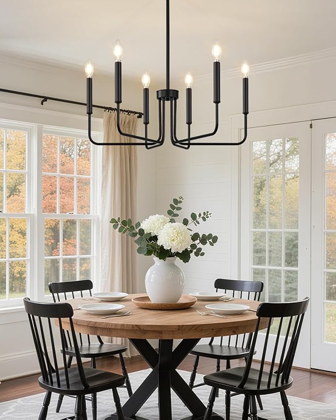 Yunnix 6 Light Matte Black Chandelier Modern Farmhouse Chandelier for Dining Room Light Fixtures Ceiling Hanging, Iron Chandelier for Bedroom, Foyer, Entryway, Kitchen, Living Room and Entryway
