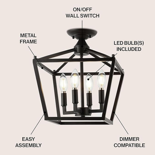 JONATHAN Y 12" Oil Rubbed Bronze Modern Farmhouse Pagoda 4-Light LED Semi Flush Mount Lantern, Metal Ceiling Light Fixture for Kitchen, Hallway, Entryway, Bedroom, Hardwired JYL7610A
