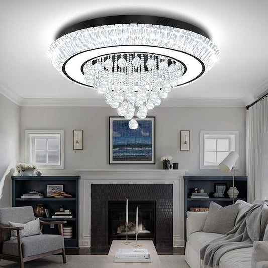 32in Black Crystal Raindrop Chandelier Crystal Flush Mount Ceiling Light Modern Led Luxury Chandelier,Raindrop Chandeliers for Dining Room, Living Room