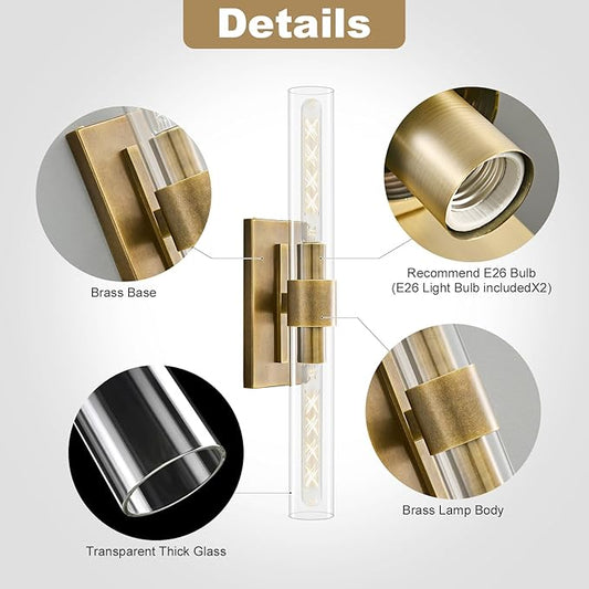23" Brass Wall Sconce with Clear Glass Shade - Rust-Resistant Vintage Light, E26 Indoor Sconce, Decorative Lighting for Bathroom Living Room Stairway Fireplace Bedroom (Bronze)
