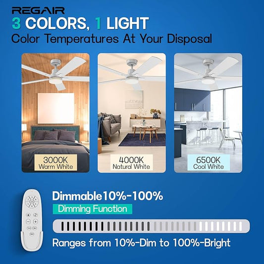Ceiling Fan with Light 52-Inch, Remote Control Reversible DC Motors, 3CCT Dimmable Timer Noiseless, White Ceiling Fan for Bedroom Living Room, Indoor&Outdoor ETL Listed