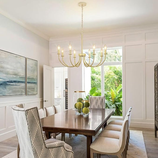 8-Light Gold Chandeliers for Dining Room, Farmhouse Dining Room Light Fixtures, Rustic Candle Chandelier Light Fixtures for Living Room, Kitchen, Staircase, Entryway, Foyer