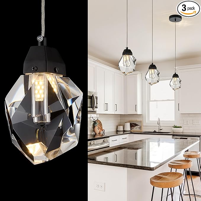 1-Light Black Crystal Pendant Light 3 Pack, Mini 5.5" Hanging Ceiling Light with Diamond K9 Crystals, Dimmable LED Pendant Lamp for Kitchen Island, Dining Room, Bedroom, Hallway, Bar