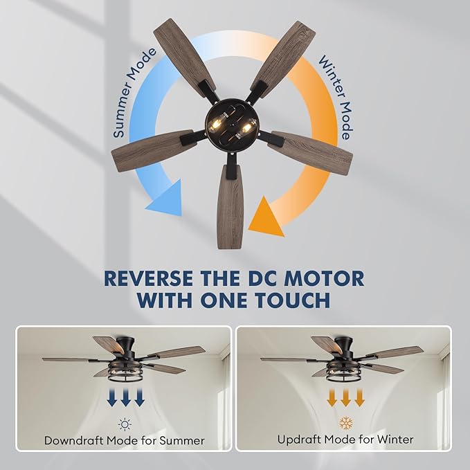 52 Inch Flush Mount Ceiling Fans with Lights and Remote Control, Low Profile Farmhouse Ceiling Fan for Bedroom Living Room and Patio, Black Caged Ceiling Fan for Indoor and Outdoor(No Bulb)