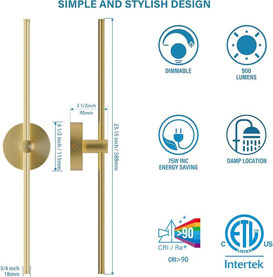 ZAGO Plug in or Hardwired Linear Wall Sconce: 24 Inch LED Indoor Modern Linear Wall Lights Set of Two with On/Off Switch, 5CCT Switchable, Brushed Gold, Dimmable for Living Room, Bedroom, Hallway