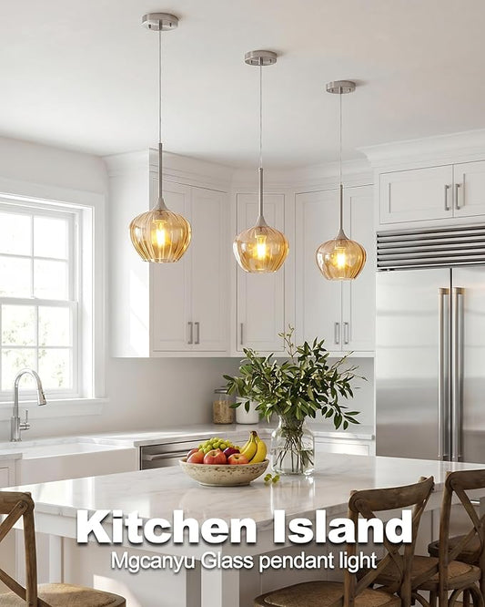 2-Pack Amber Pendant Lights for Kitchen Island, 7" Modern Glass Pendant Lighting with Brushed Nickel Vintage Light Fixtures Adjustable Hanging Light for Kitchen, Dining Room, Bar, Bathroom