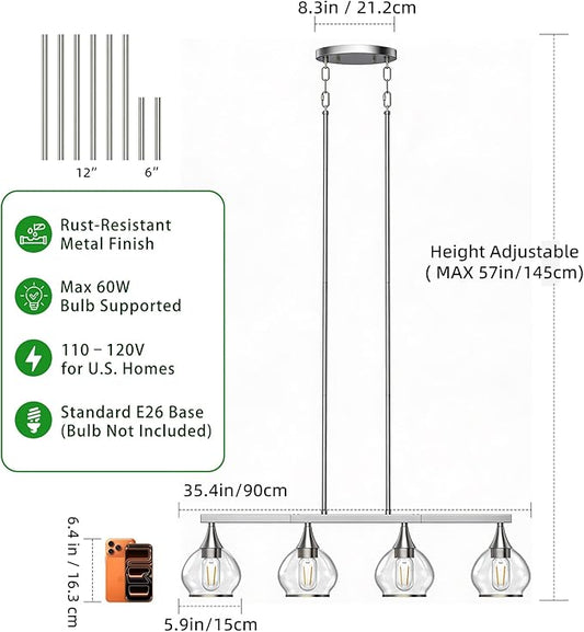Kitchen Island Linear Pendant Light, 4-Light Modern Chandelier with Clear Glass Globe Shades, Linear Lighting Fixture Over Dining Table, Brushed Nickel