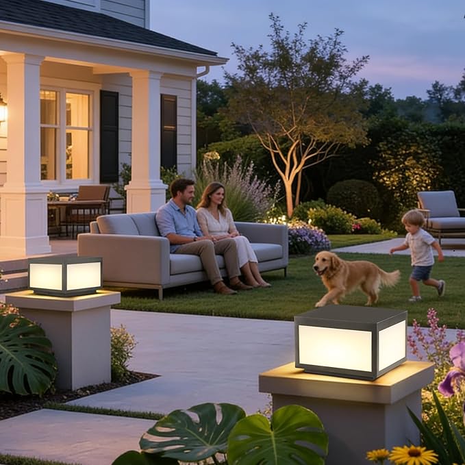 Outdoor Modern Post Light, 10" Hard Wired Pillar Lights Square Post Column Caps Lamp for Flat Surface, Electric Modern Fence Deck Cap Lantern Lighting for Patio Garden Driveways IP65 Waterproof