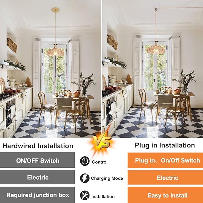 Shenmoyl Plug in Pendant Light Hanging Light Fixtures with Plugin Cord On/Off Switch,Amber Scindapsus Glass Lampshade Brass Pendant Light
