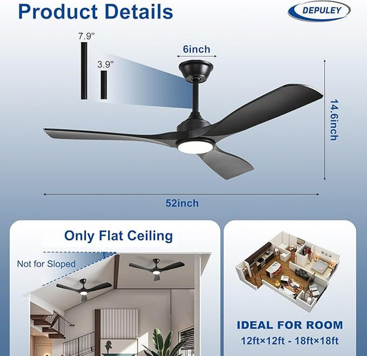 Depuley 52-Inch Ceiling Fan with Light: Black 3 Blade Outdoor Fans for Patios - Dimmable Indoor Fan with Remote Control Living Room Fandelier Ceiling Fans Ultra Quiet DC Motor Reversible 6 Speed Timer