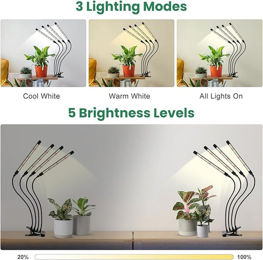Garpsen Grow Lights for Indoor Plants, Upgraded Version 4 Head 80 LED Full Spectrum Grow Lamp with Timer, 3 Lighting Mode, 10 Dimmable Levels, Professional for Seeding Succulents Herbs