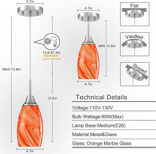 Viinew Mini Glass Pendant Light 4.72" with Handblown Orange Marble Art Glass Hanging Light 1-Pack Oval Ceiling Hanging Light Fixture for Dining Room Kitchen Island Cafe Foyer Hallway