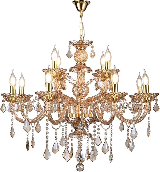 Luxury K9 Crystal Chandelier 12 Lights, Amber Gold Crystal Lighting Pendant Ceiling Fixture Modern Crystal Candle Chandeliers Lamp for Living Room, Kitchen, Foyer (12 Ligths)