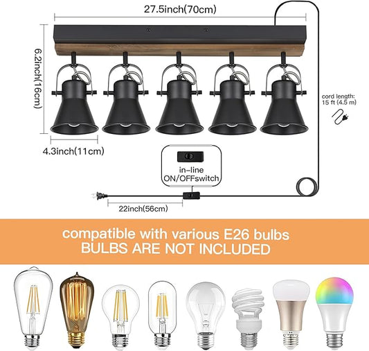 KEESFU 5-Light Plug in Track Lighting Kit,Black Semi Flush Mount Ceiling Light with 5 Rotatable Light Heads,Modern Farmhouse Lighting for Livingroom,Bedroom,Hallway,Art Wall,Bathroom,Kitchen.