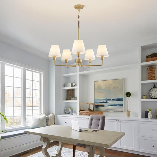 Gold Chandeliers for Dining Room 30” Bedroom Light Fixture with White Fabric Shade 5-Light Modern Farmhouse Chandelier Adjustable Pendant Lighting Fixtures for Kitchen Island,Living Room,Entryway
