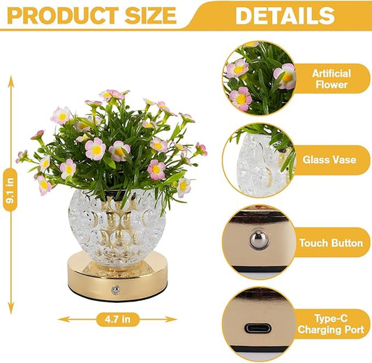 Flower Table Lamp, 3 Colors Touch Dimming Daisy Night Light, Rechargeable Artificial Flower Light, LED Flower with Vase Lamp Romantic Decor for Date Party Home (Pink-Heronsbill)