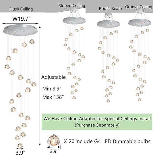 HAIXIANG 20-Lights Modern Chandeliers for Living Room Long Light High Ceiling Pendant Lights LED Dimmable Lighting Fixtures Chandelier for Foyer Entryway Polished Chrome Sloped Ceiling Install
