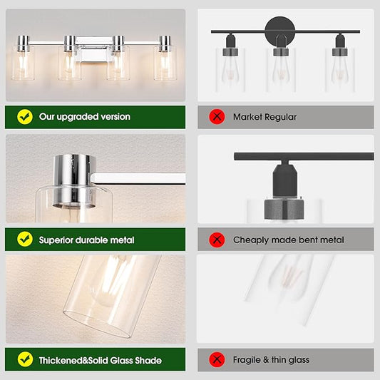 4-Light Modern Vanity Light Fixtures Over Mirror, Chrome Bathroom Light Fixtures, Vanity Lights, Wall Sconce with Clear Glass Shade for Bathroom, E26 Base