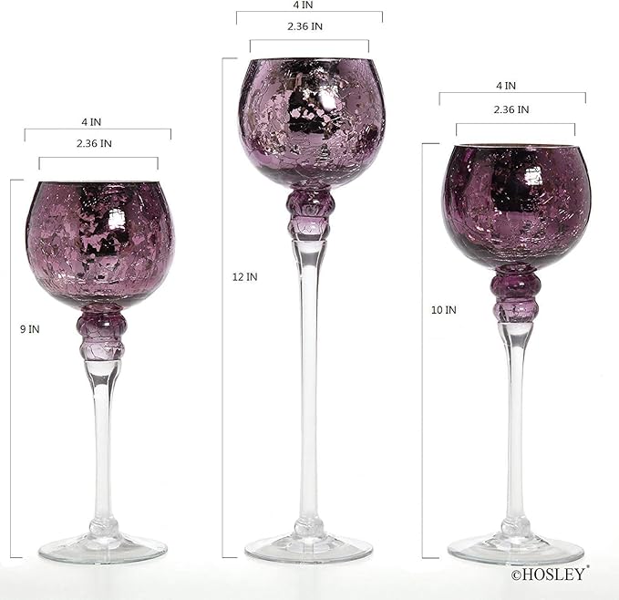 Hosley Set of 3 Crackle Purple Glass Tealight Holders 12 Inch, 10 Inch, 9 Inch Heights for Captivating Candlelight Ambiance Radiant Elegance