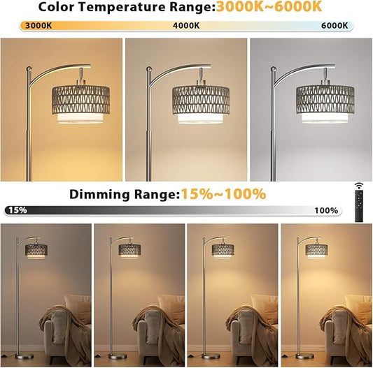 Ambimall Arc Floor Lamp for Living Room with Remote, Color Temperature & Brightness Adjustable, Boho Standing Lamp with Rattan & Fabric Double Drum Shades, Bulb Included(Deep Gray)